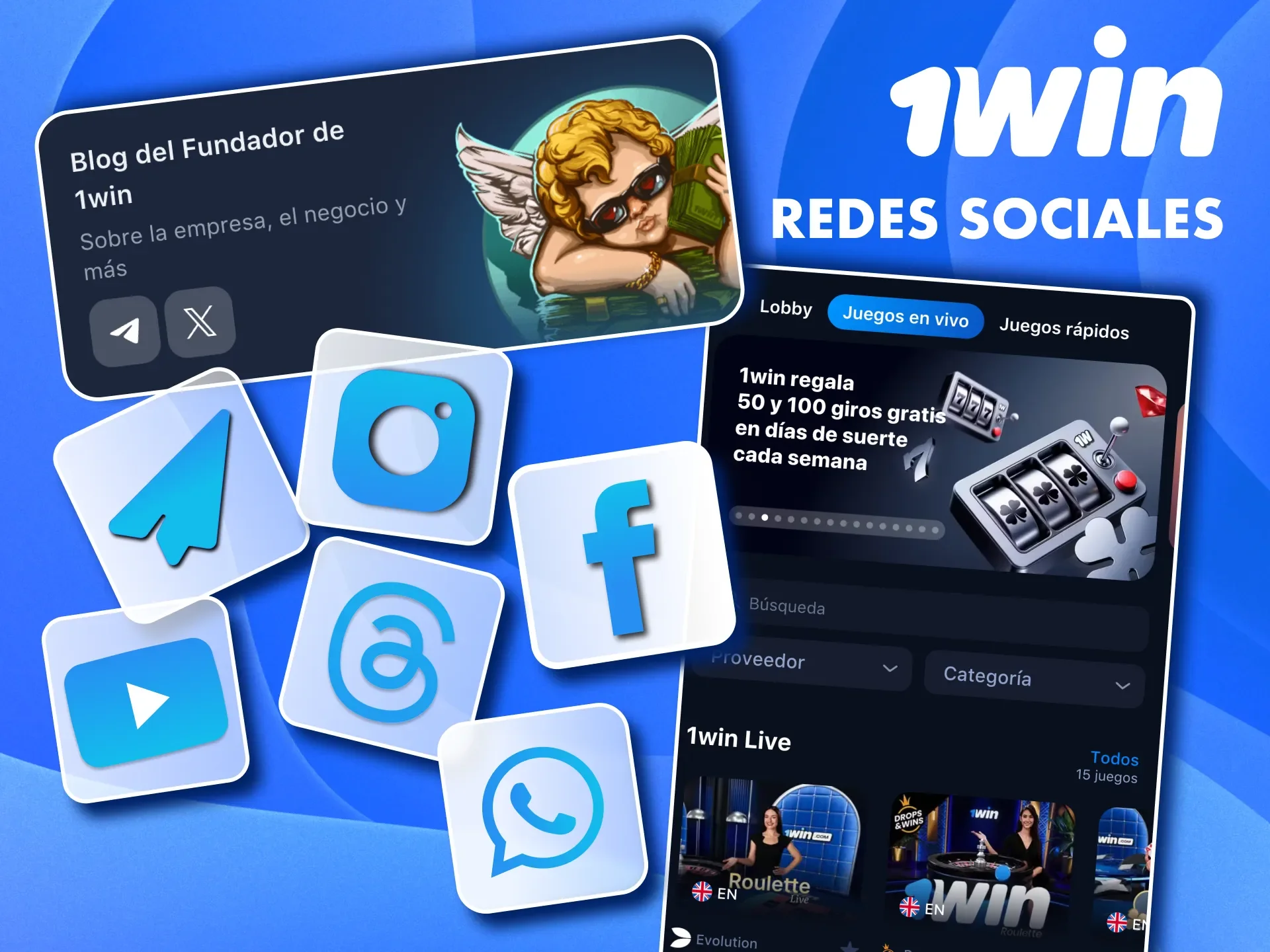1win mantiene presencia activa en X, Facebook, Instagram, Telegram, Youtube, Whatsapp y Threads.