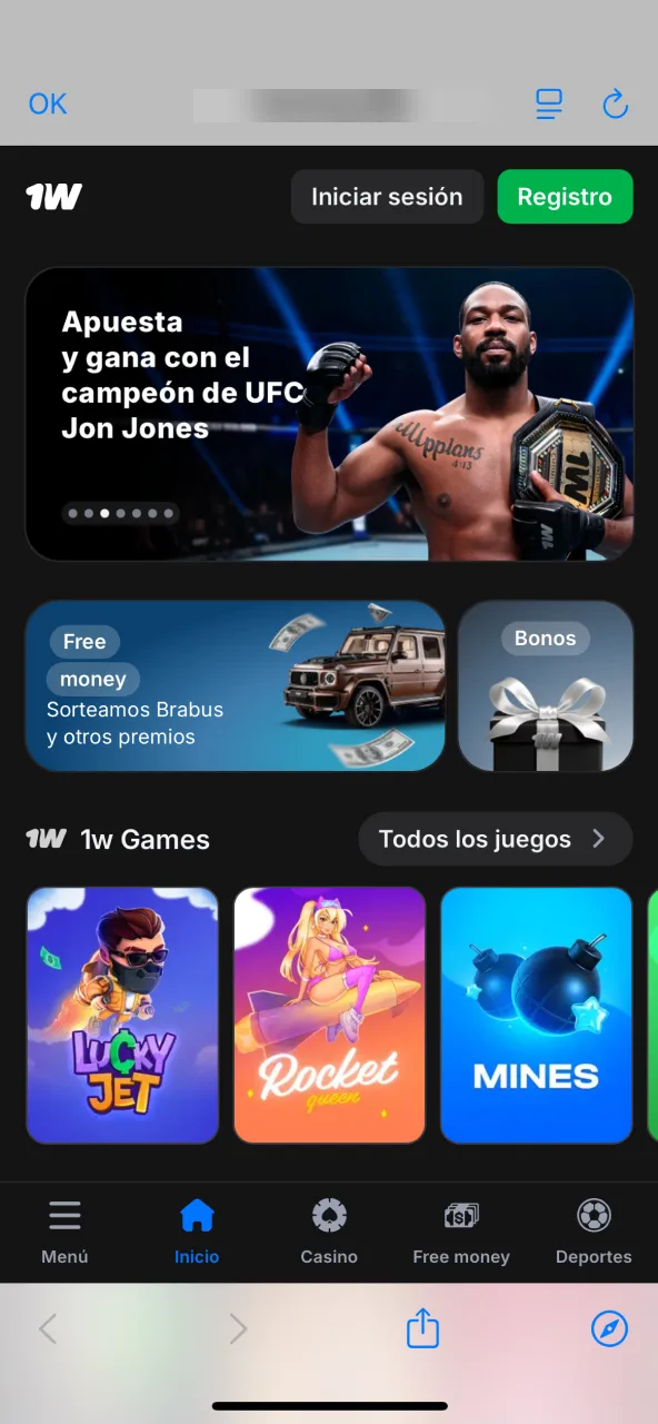 Visita la página principal de 1win desde Safari.