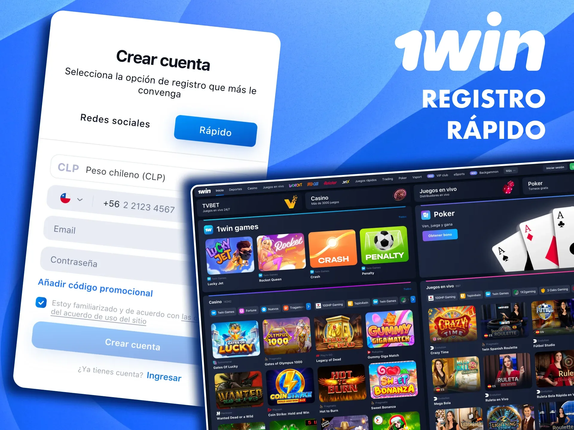Regístrate en 1win con tu correo y número de teléfono en pocos pasos.