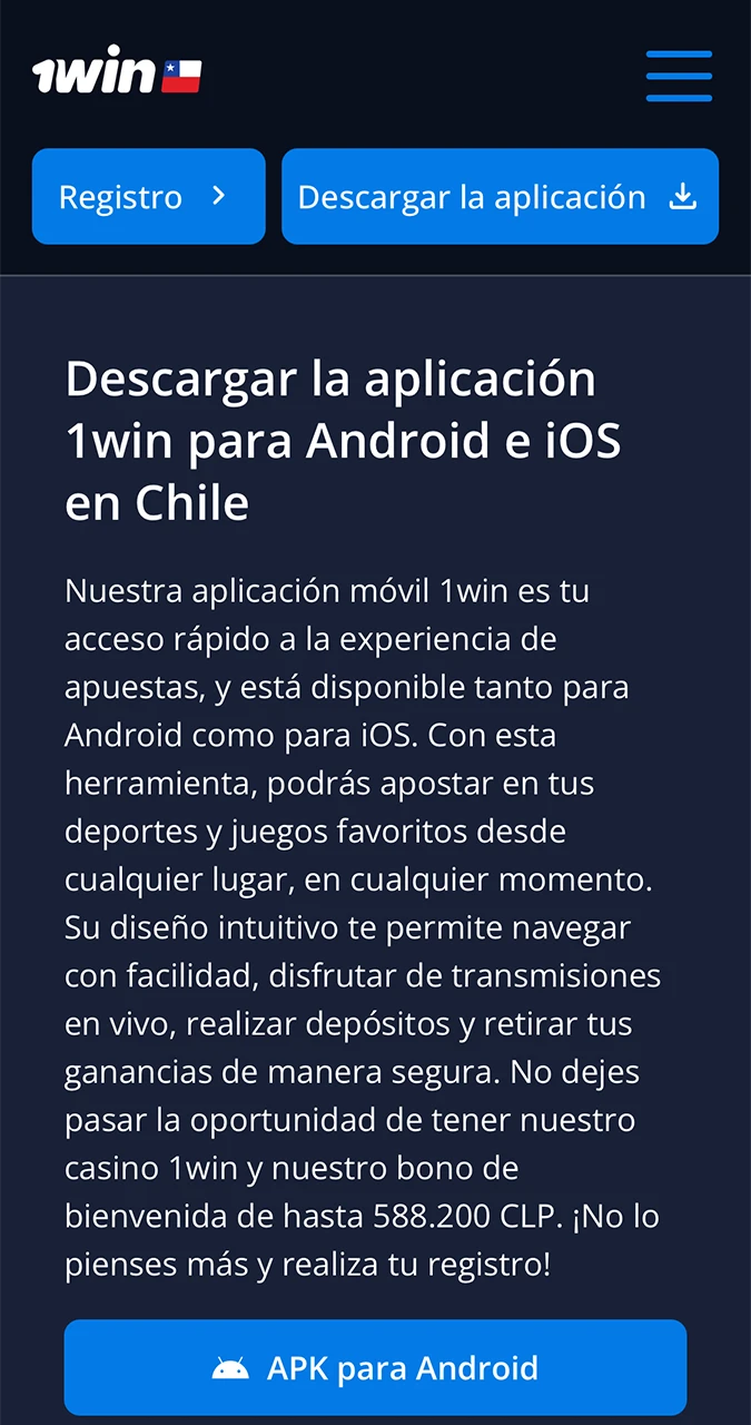 Seleccione el icono Android para acceder al sitio web de 1win y descargar la aplicación.