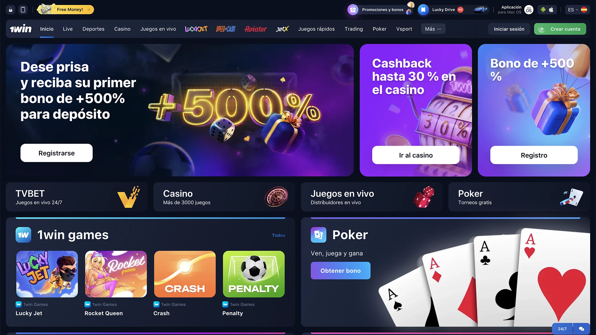 Página de inicio de 1win.