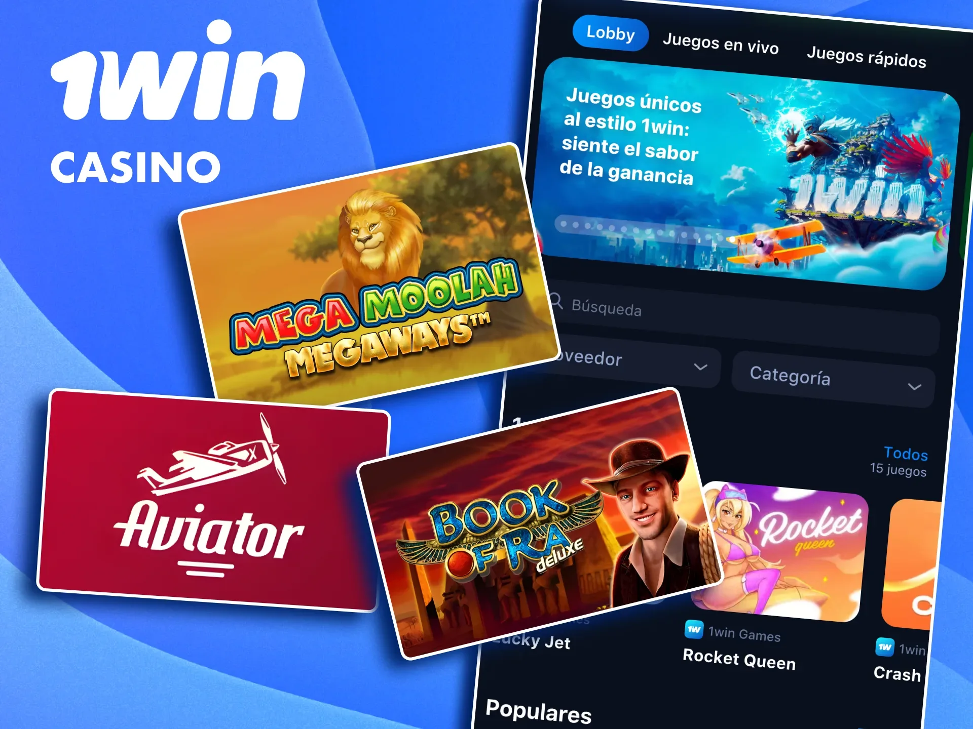 Explora la app de 1win y juega títulos como Book of Ra, Mega Moolah y Starburst.