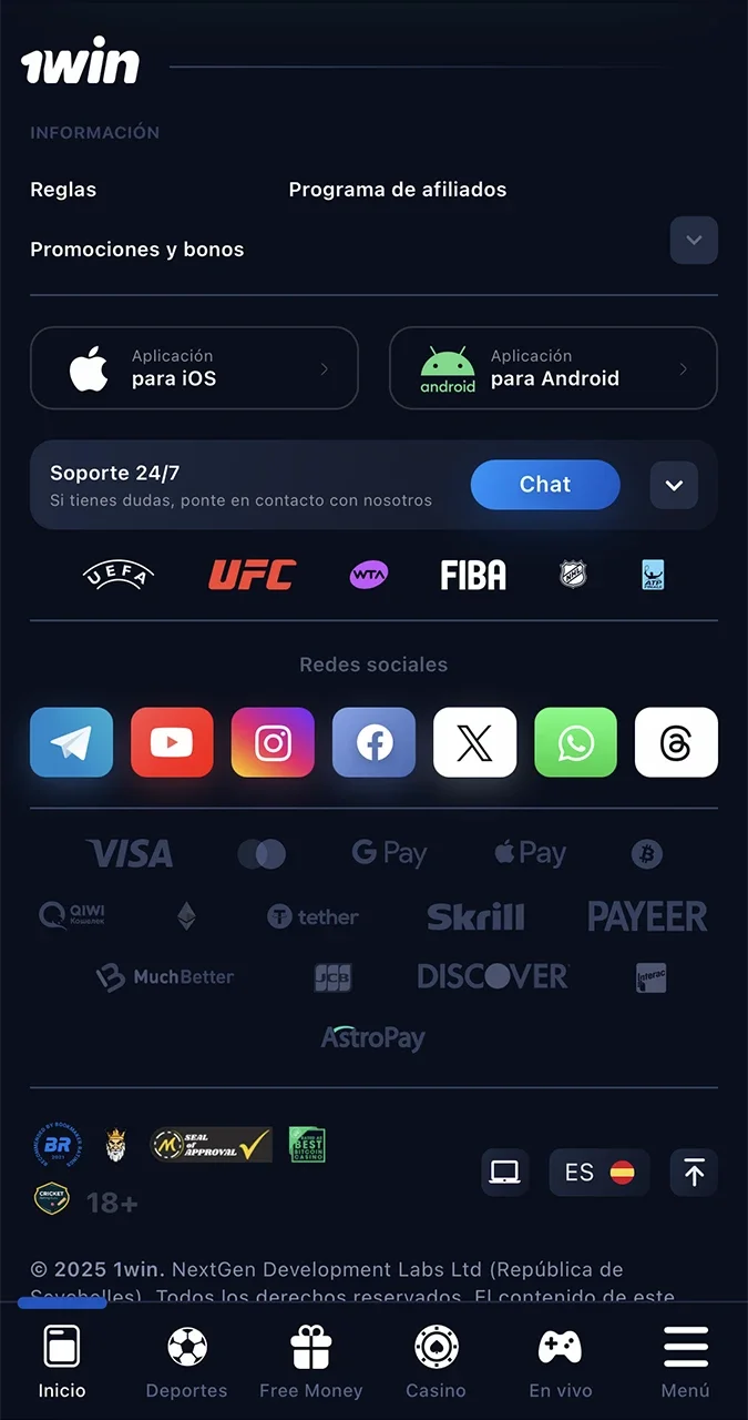 Para instalar la aplicación 1win, seleccione el botón del icono iOS.