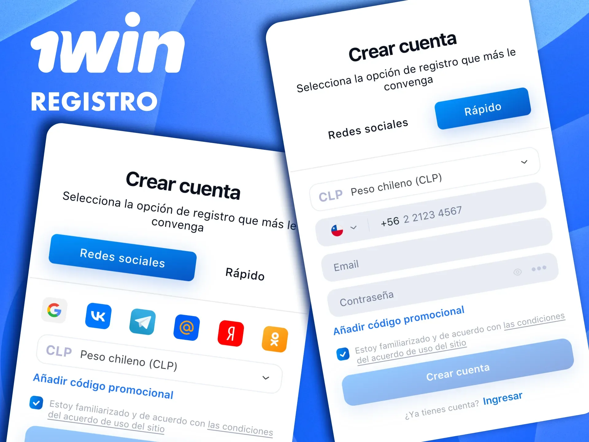 Crea tu cuenta en 1win con el método rápido o usando redes sociales.