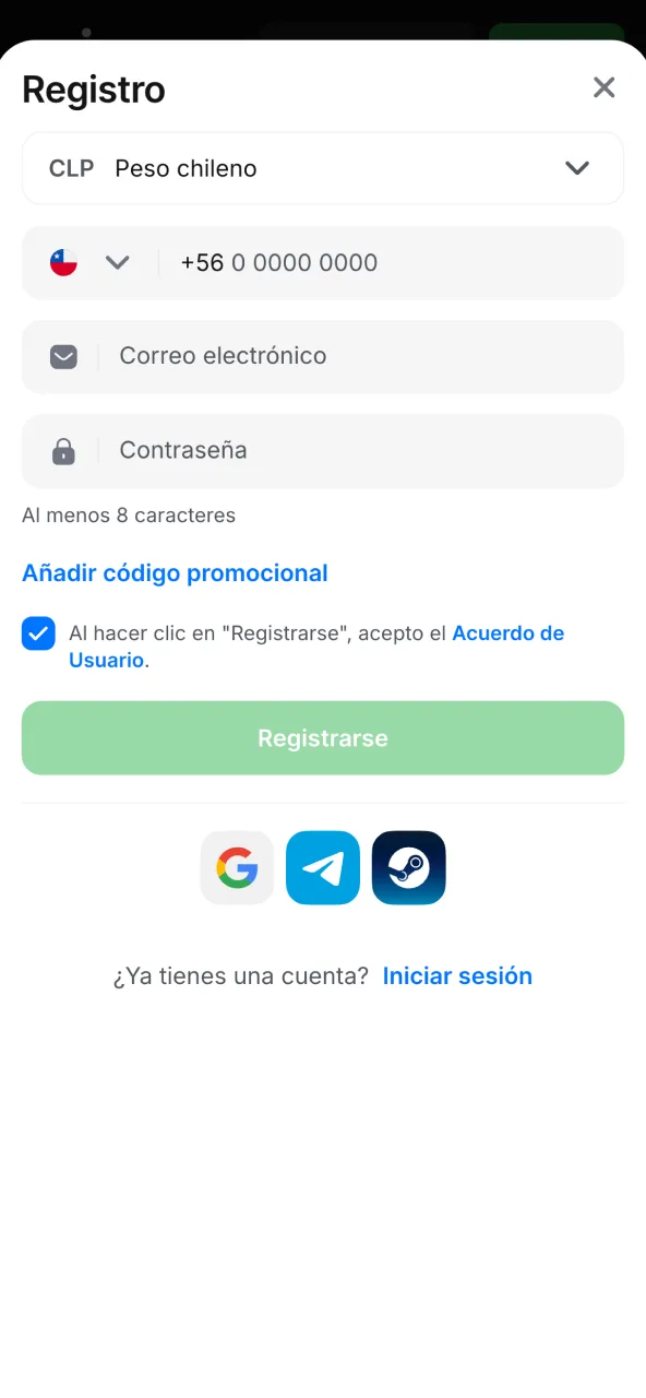 Regístrate en 1win llenando campos de correo y contraseña.