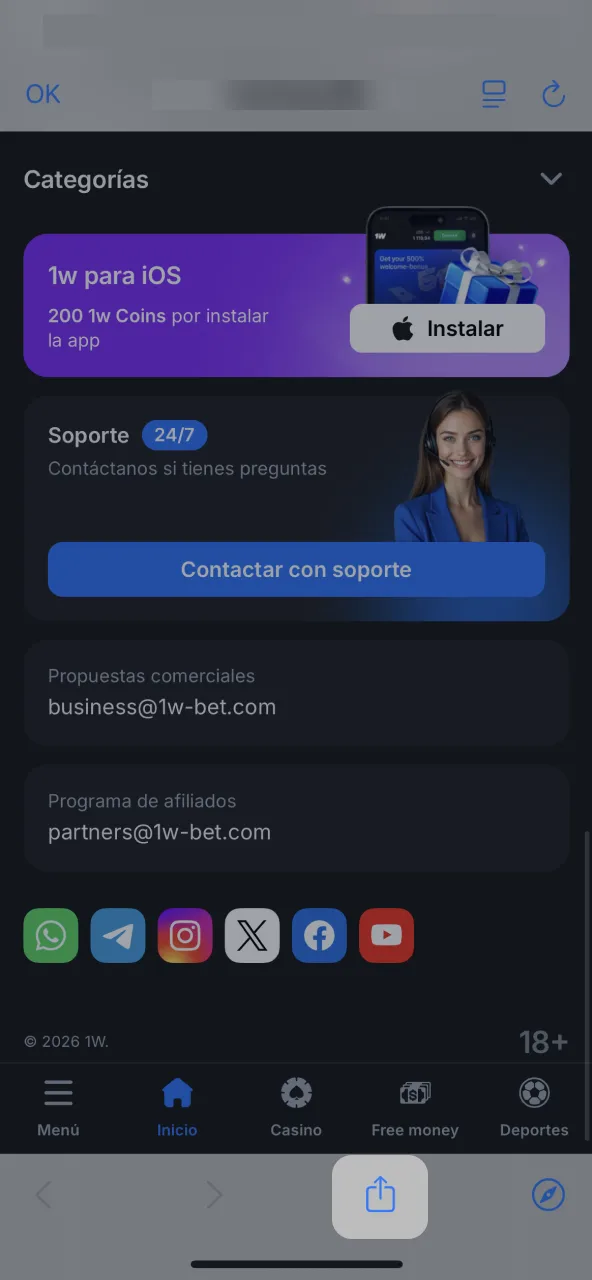 Ícono compartir en Safari usado para abrir portal 1win.