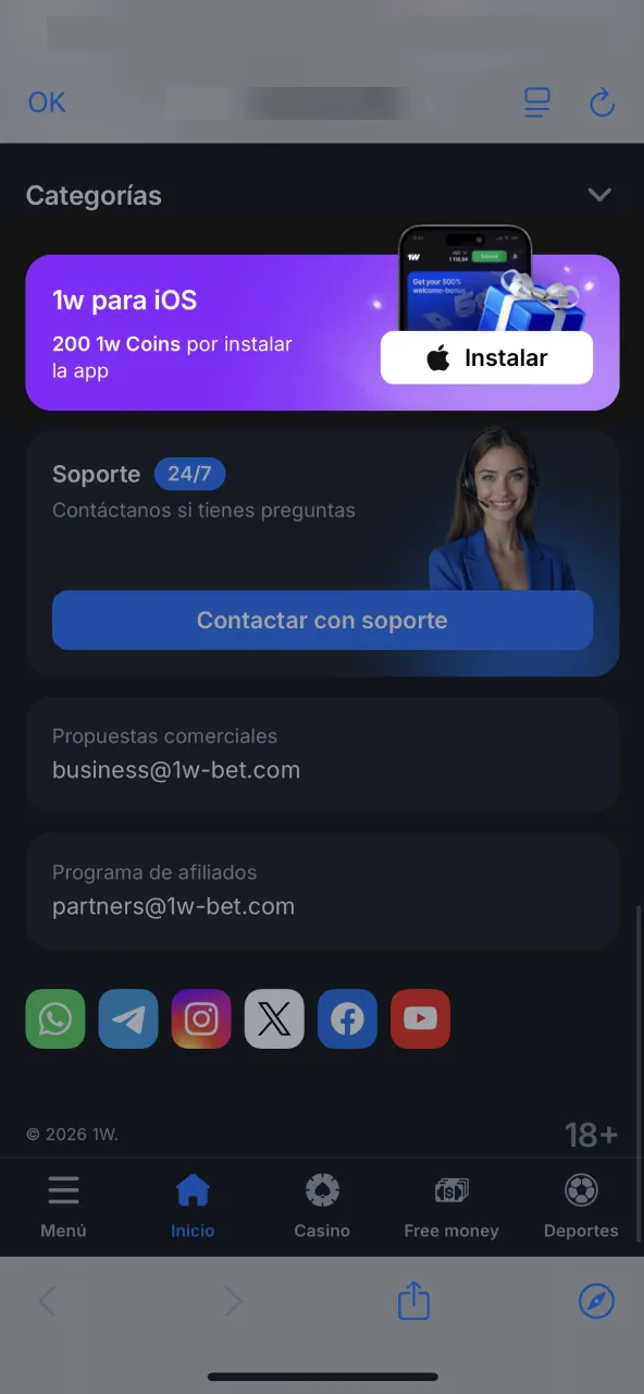 Toca el icono Apple iOS en la zona baja de 1win.