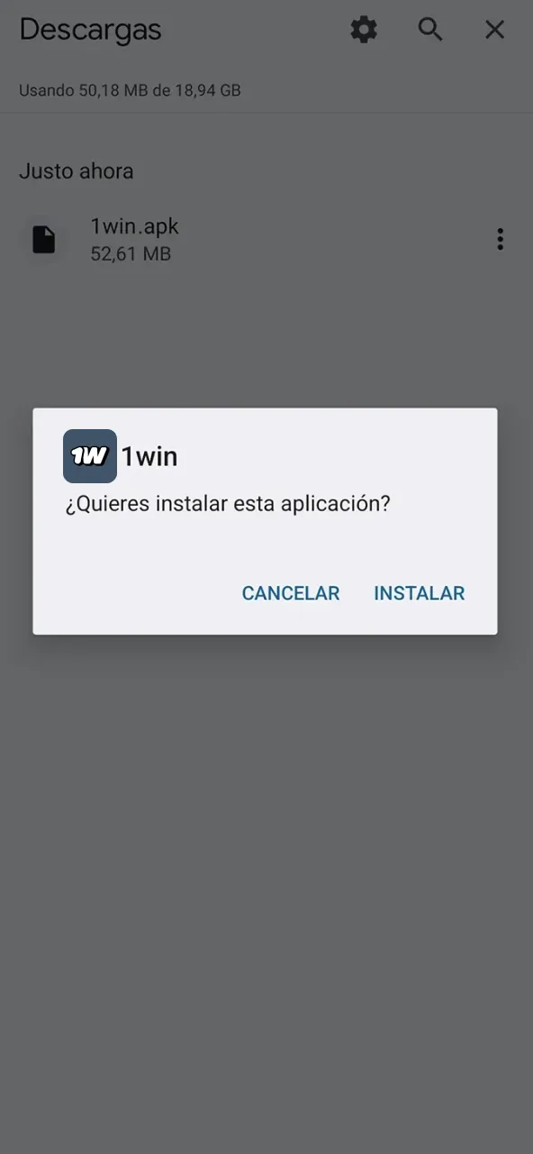 Inicia instalación tocando el archivo APK en tu dispositivo 1win.